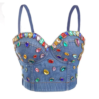 coloured Rhinestone and pearl  Denim corset