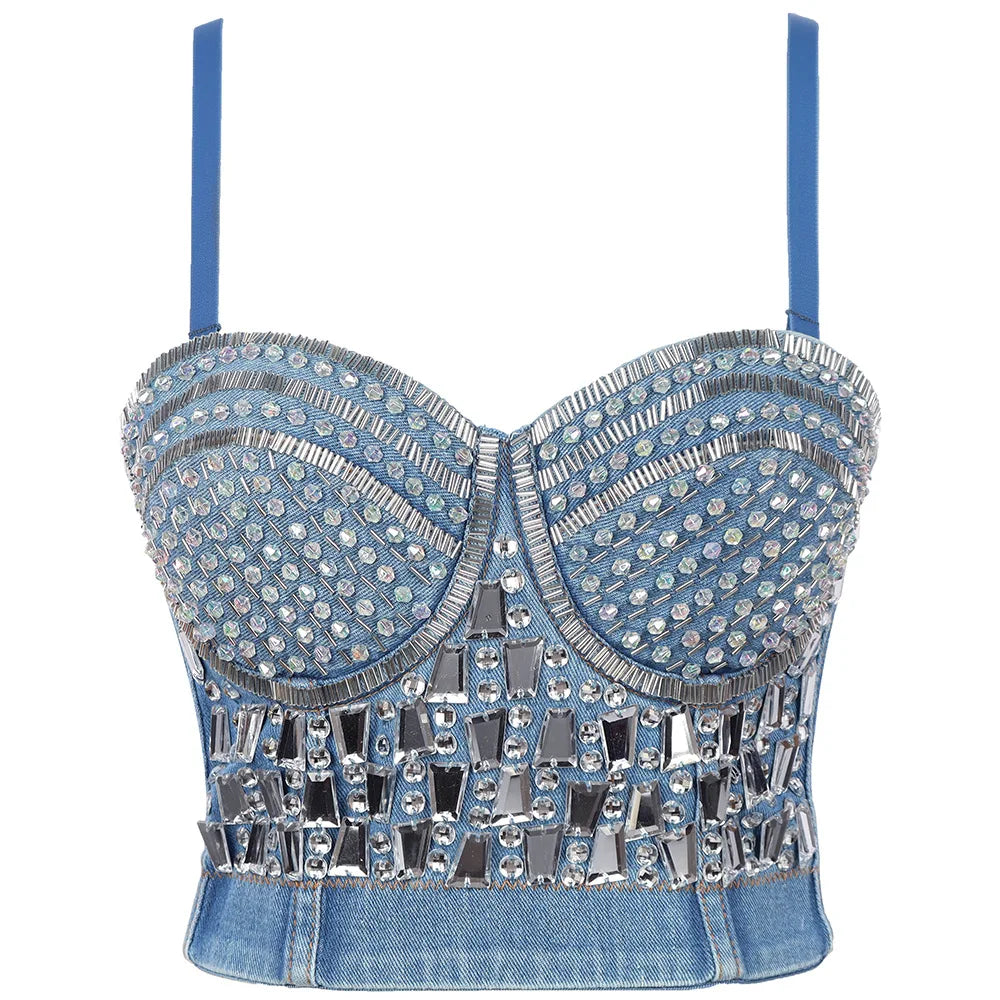 coloured Rhinestone and pearl  Denim corset