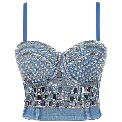 coloured Rhinestone and pearl  Denim corset